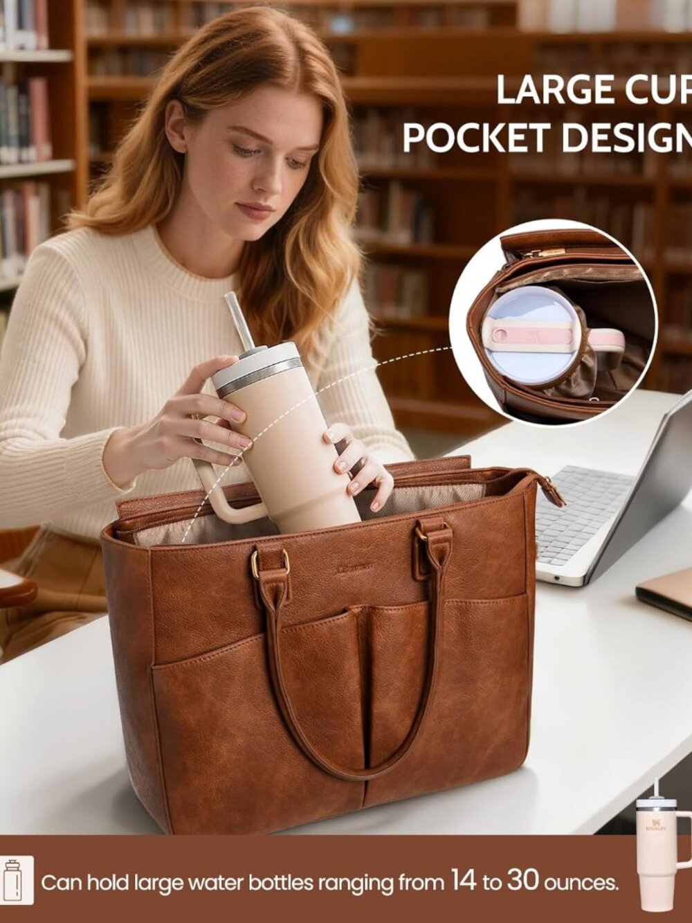 Laptop Tote Bag For Women, Leather Work Tote With Padded Laptop Compartment, Cup View 5
